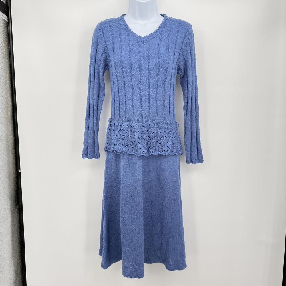 Vintage MSII Petites Sweater Skirt Set Womens Small Blue Knit 2 Piece 90s